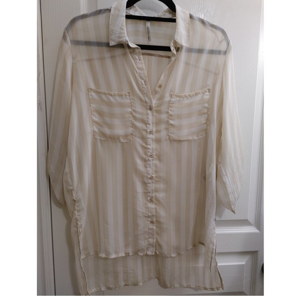 STRADIVARIUS LOOSE SHEER LONG SLEEVE SHIRT IN STRIPES XL